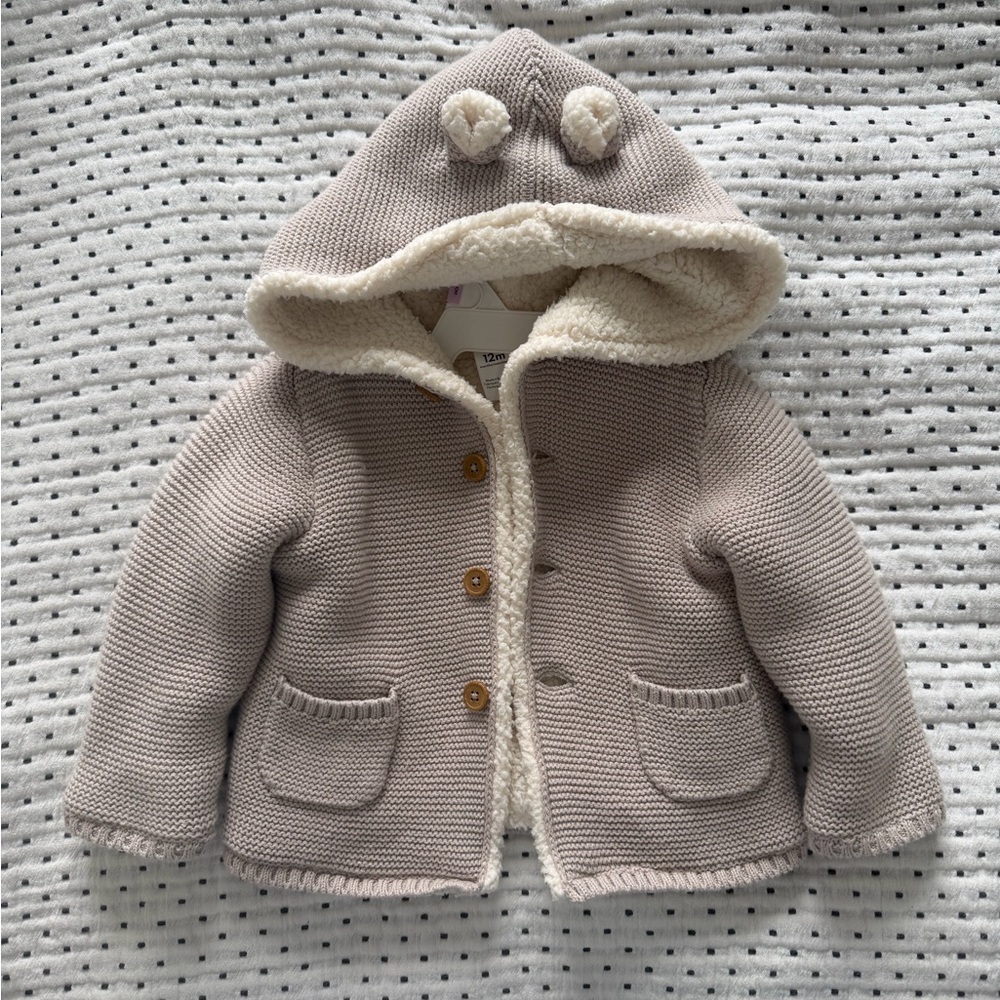 Carter's Knit Hooded Baby Jacket in Light Taupe with Sherpa Trim